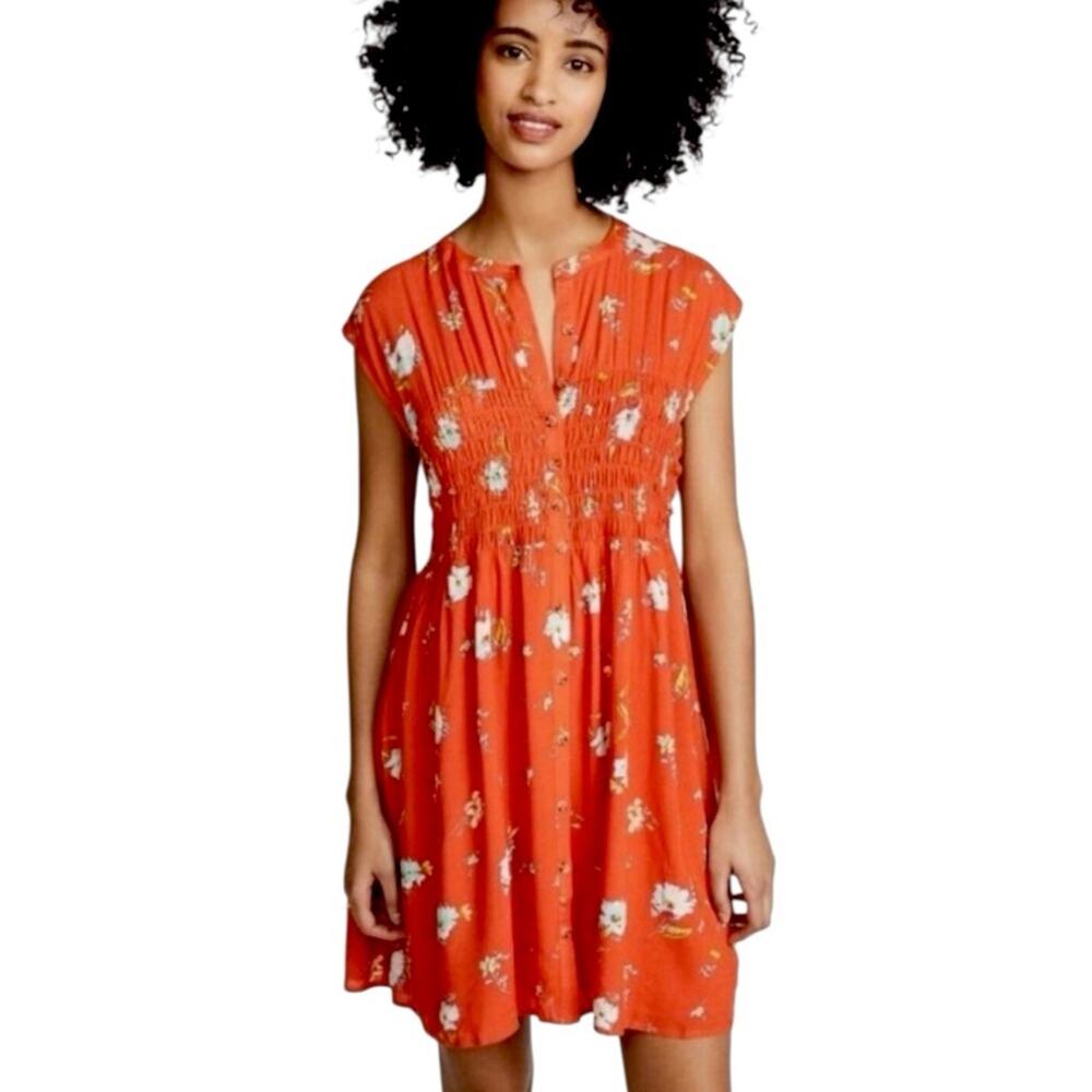 Free People Dress Smocked Waist Button Front Red Floral Women’s Size Medium